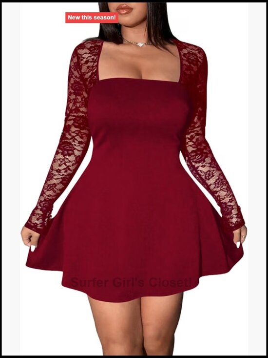 Dresses & Skirts - Plus Size Lace Long Sleeve Square Neck Mini Party Dress